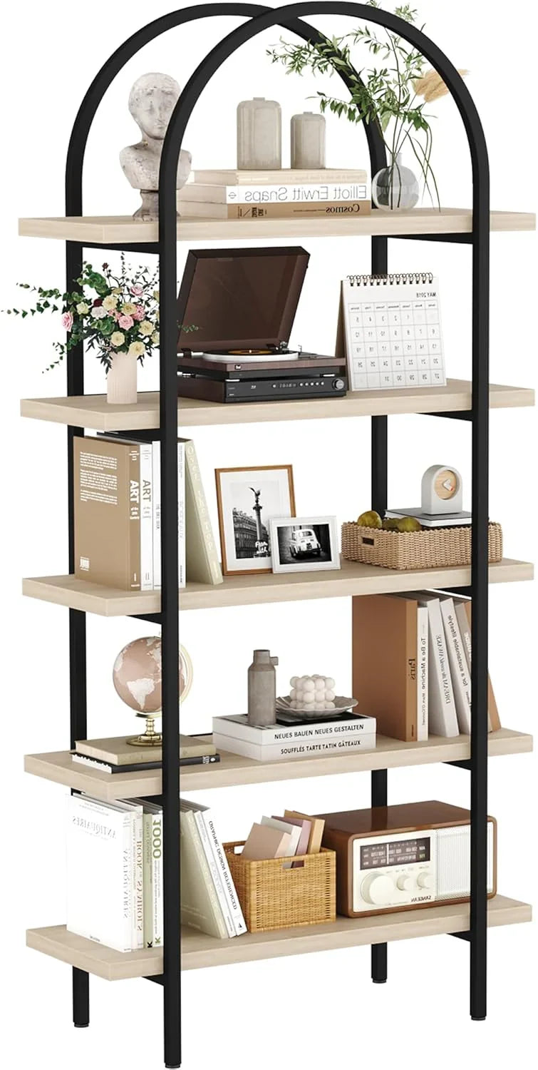 Yusong Bookshelf Rattan Arched Bookcase, 74" Tall Industrial Open Book Shelves Room, Modern Freestanding Boho 5 Tier Display Storage Rack with Metal Frame, Office, Bedroom, Burlywood
