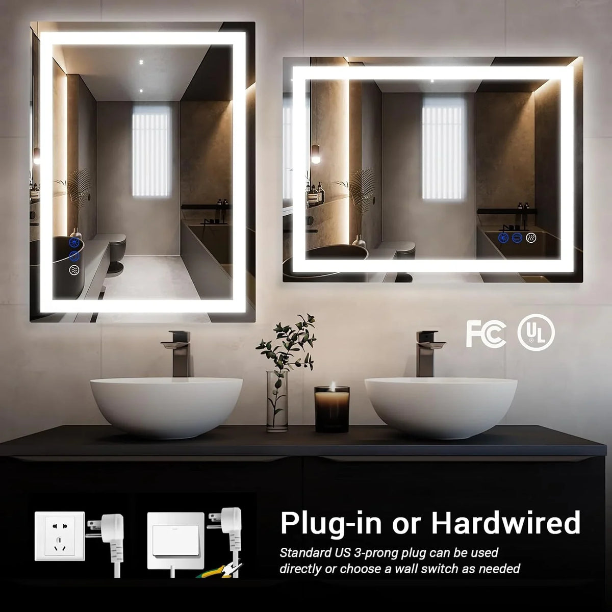 LED wall-mounted makeup mirror with lights - suitable for wall-mounted large makeup tables. Features intelligent touch buttons, anti-fog, water resistance, adjustable dimming, color adjustment, and magnifying glass function.