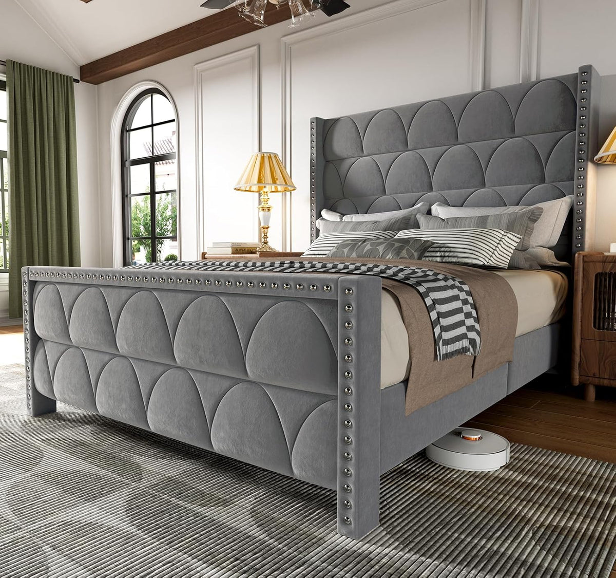 King Size Bed Frame with 56" Headboard - 1000LBS Capacity Support, Velvet Upholstered Wingback Platform Bed Frame, Noise Free, Sturdy Wooden Slat Support