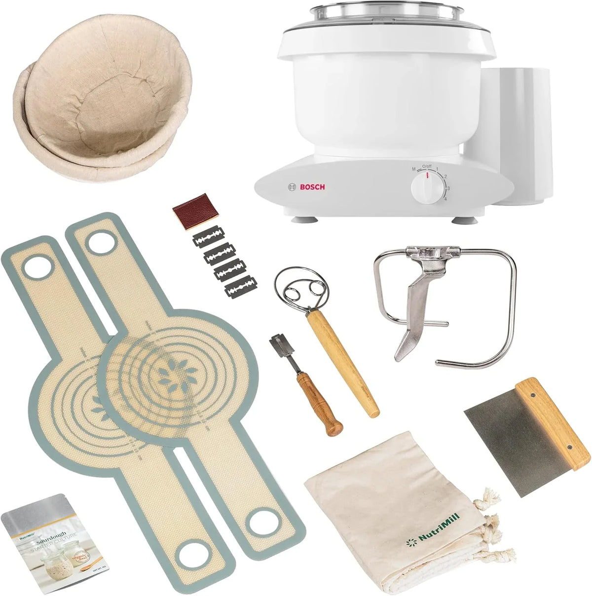 Blender: 500 watts, 6.5-gallon capacity, with corded mixing paddle, dough hook, and nutritional machine dough extension hook combo set