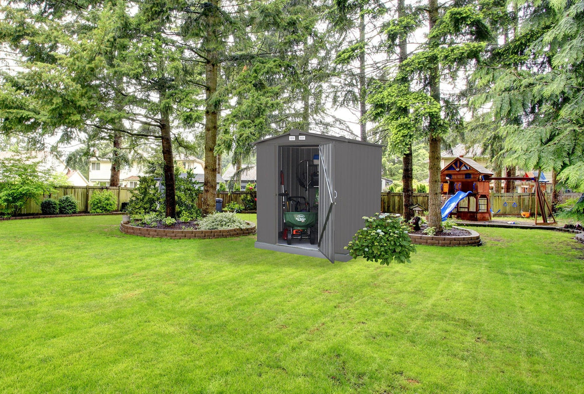 EZEE Galvanized Steel Storage Shed with Low Gable Roof, Charcoal, 6-ft x 5-ft