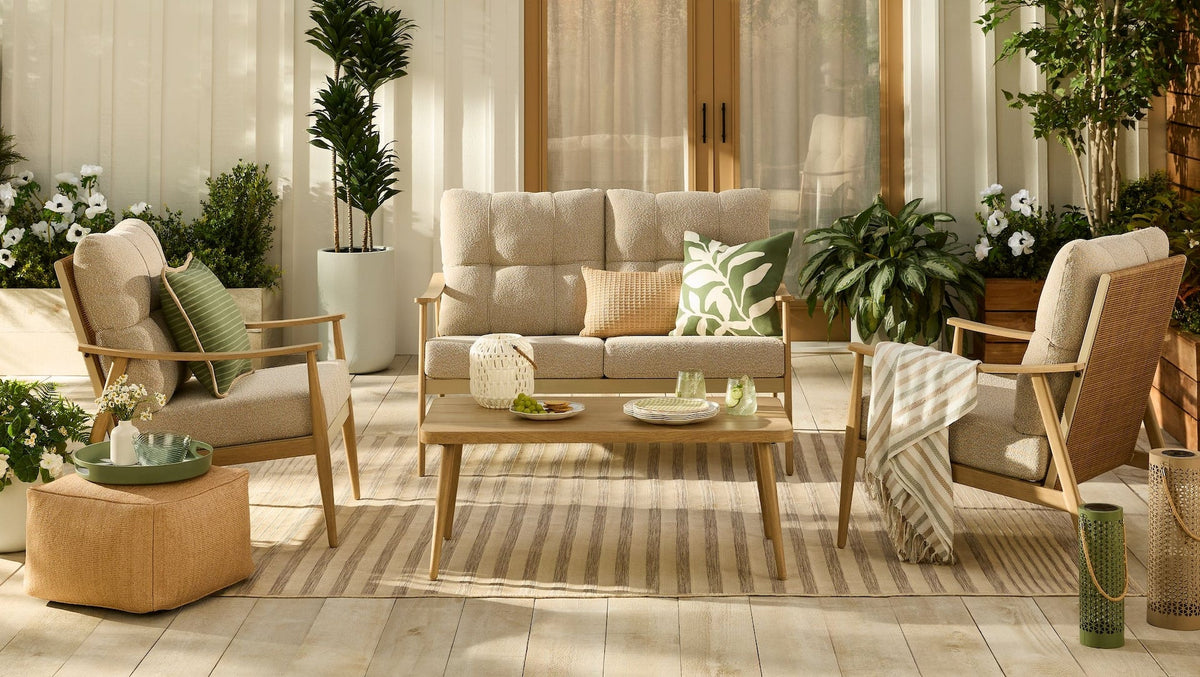 Elmvale Outdoor Patio Conversation Set with Rattan Back and Tufted Cushions, Tan, 4-pc