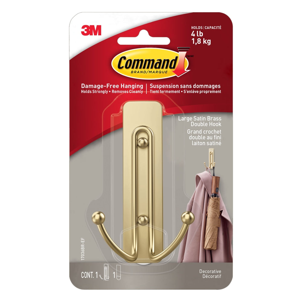 Large Satin Brass Hook, 17036BR-EF | 1 Hook, 1 Strip per Pack