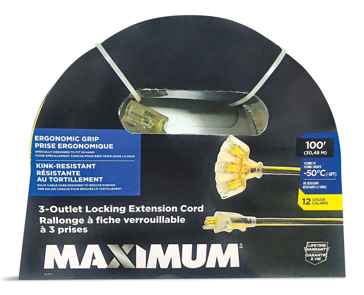 100-ft 12/3 Outdoor Extension Cord with 3 Grounded Outlets, Lighted End and Locking Connector, Yellow/Black
