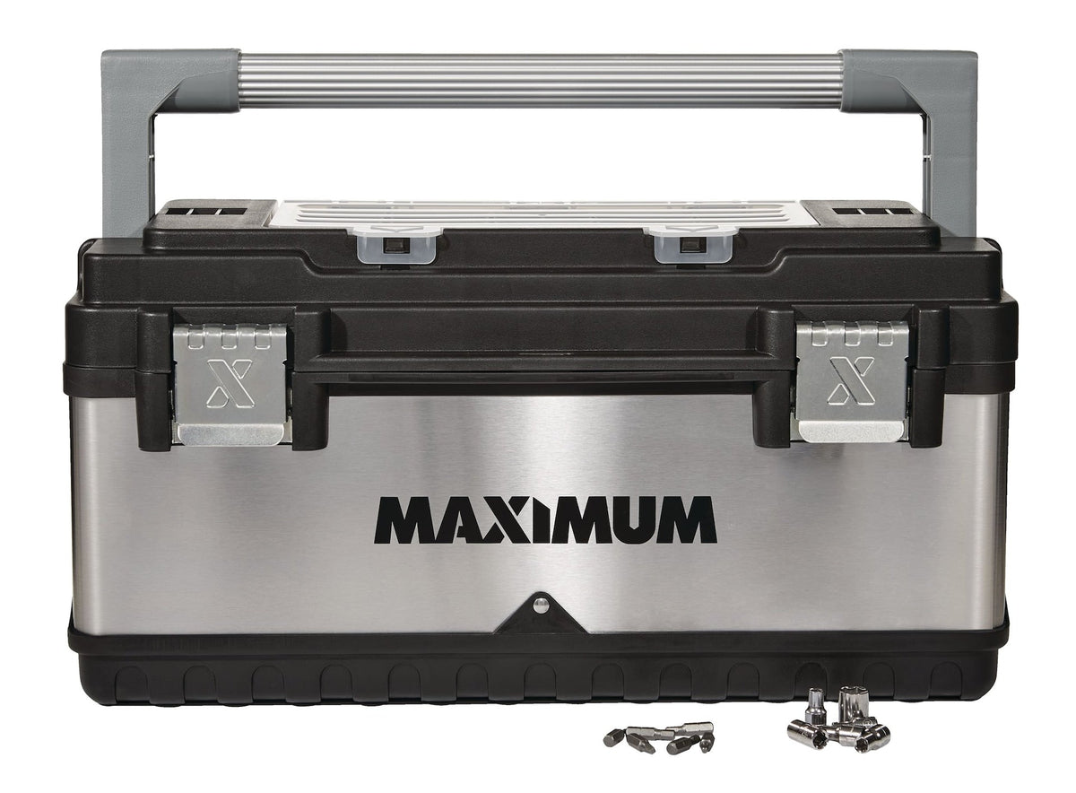 Portable Plastic & Metal Tool Box with Removable Tray & Organizer, Black, 20-in