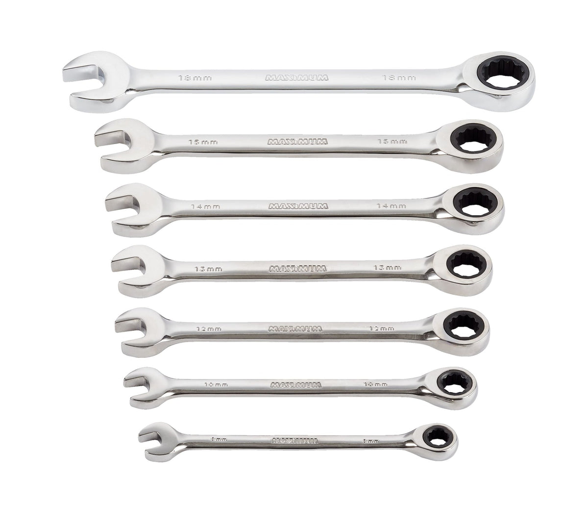 Ratcheting Wrench Set, Metric, Nickel-Chrome Plating, 7-pc