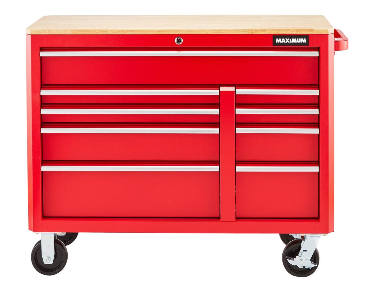Tool Storage Cabinet, Built-In Power Bar with USB, 9-Drawer, 47-in, Red