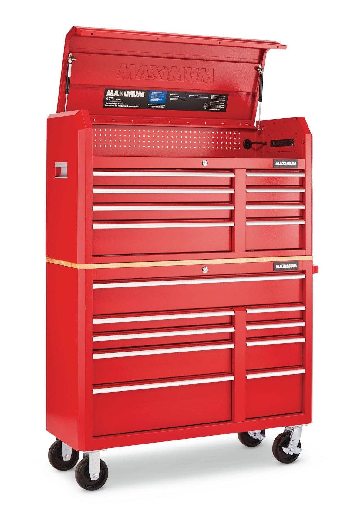 Tool Storage Cabinet, Built-In Power Bar with USB, 9-Drawer, 47-in, Red