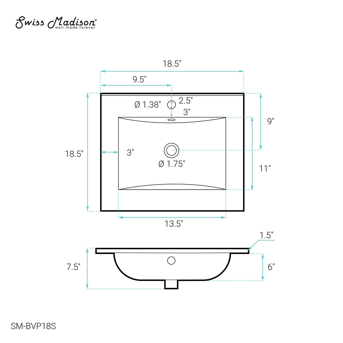 Ceramic Square Vanity Sink Top, 18-in