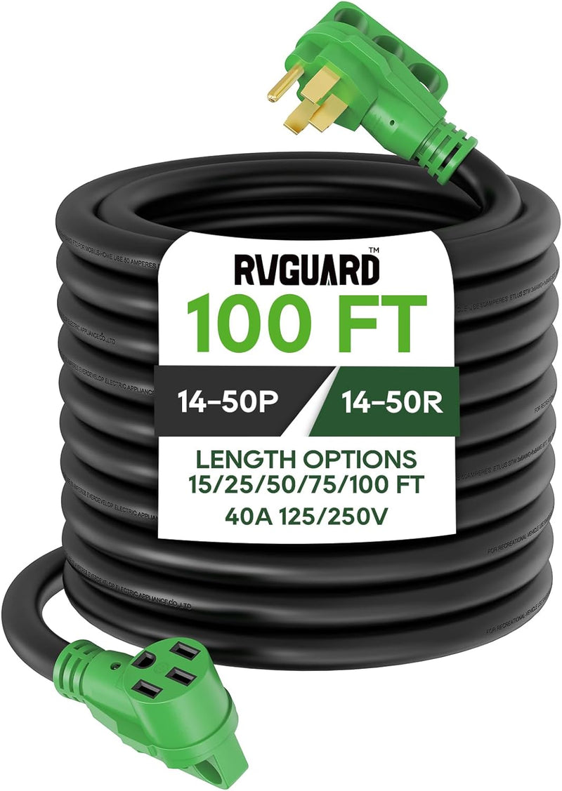 40 Amp 100 Foot RV/EV Extension Cord, NEMA 14-50P/R Heavy Duty Extension Cord with LED Power Indicator and Cord Organizer, Green L5681