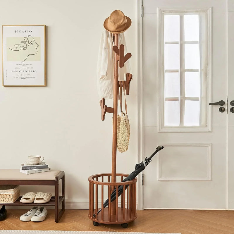 Wood Coat Rack Freestanding - Wooden Coat Tree Hat Rack with 12 Hooks, Clothes Coats Hanger Stand Rolling Racks with Umbrella Holder Wheels for Bedroom Entryway Hallway Livingroom (Walnut) D0802