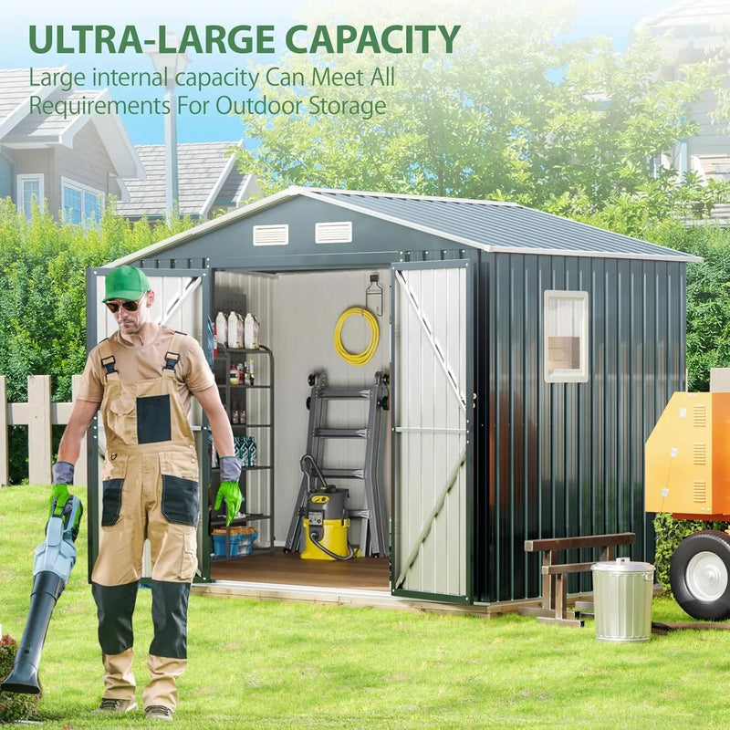 8x6FT Outdoor Steel Storage Shed with Clear Window, Lockable Doors, Weather-Resistant Metal Tool Shed for Garden, Backyard, Patio, and Utility Storage Y0366