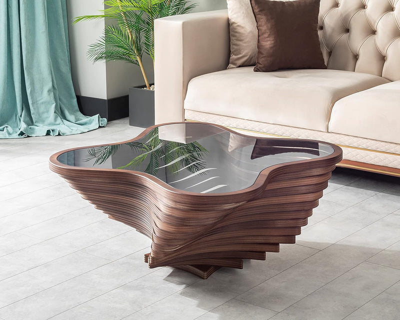 Design a modern coffee table - natural walnut veneer, tempered glass tabletop, layered wave shape, rustic wood, modern living room table, luxurious home and office decoration, central table in the living room. U2990