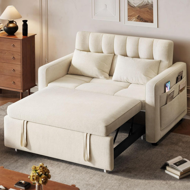 3-in-1 Convertible Sofa Bed, 55" Sleeper Sofa with Pull-Out Bed, Cat-Scratch-Proof Fabric Futon Couch with Adjustable Backrest and Side Pocket, Loveseat Room Apartment, Grey F1862