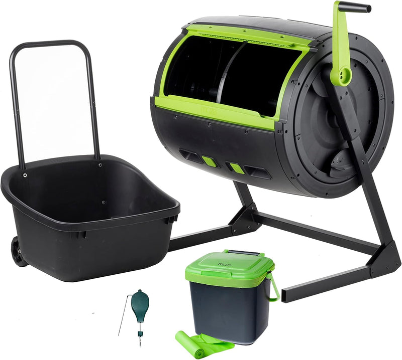 Two 65-gallon two-stage composting drums, equipped with large double doors and an open frame, are also provided along with a maze-style compost cart, a 1.85-gallon kitchen trolley-style compost bin, three rolls of corn bags, and a W1664