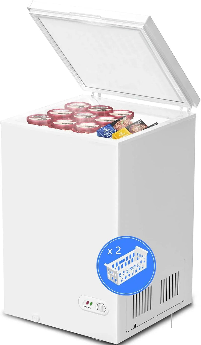 3.5 Cubic Feet Chest Freezer with 2 Removable Baskets Free Standing Top Open Door Compact Freezer with Adjustable Temperature for Home/Kitchen/Office/Bar (3.5 Cubic Feet, White) W3780