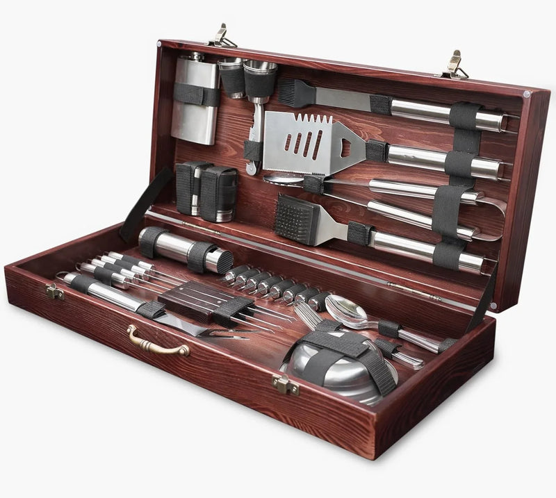Outdoor Grill Accessories for Barbeque - Outdoor Grill Accessories for Barbeque - Premium Grill Tool Sets - Dark Wood Case Grilling Set - Griddle Accessories Kit - BBQ Gear N6028