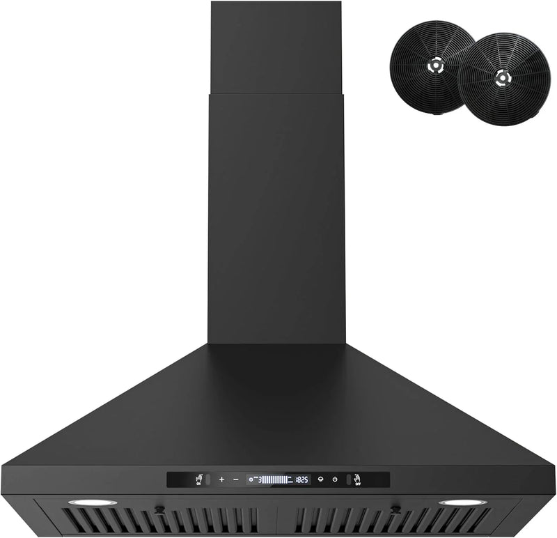 Wall-mounted black kitchen exhaust hood, 30 inches, 900 cubic feet per minute, built-in exhaust duct, three-speed exhaust fan, gesture/touch control, timer function, two baffles filters, stainless steel stove exhaust hood K5864