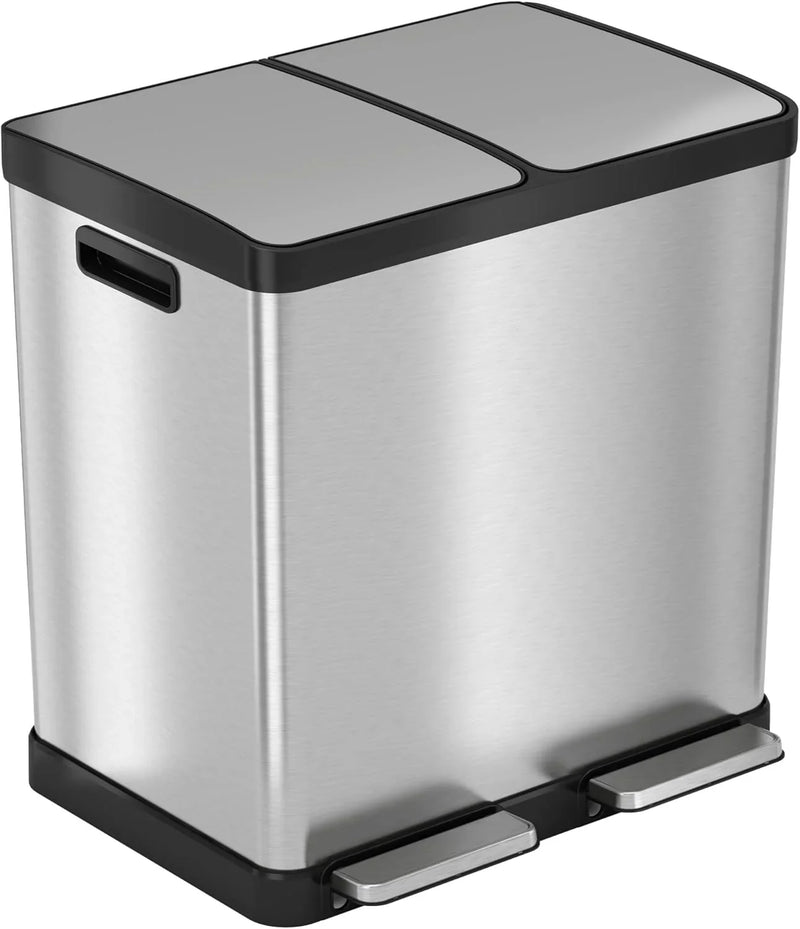 16-gallon contact-free trash and recycling bins, made of stainless steel, with a double compartment design (each compartment holds 8 gallons), suitable for recycling and waste disposal in the kitchen. D9682