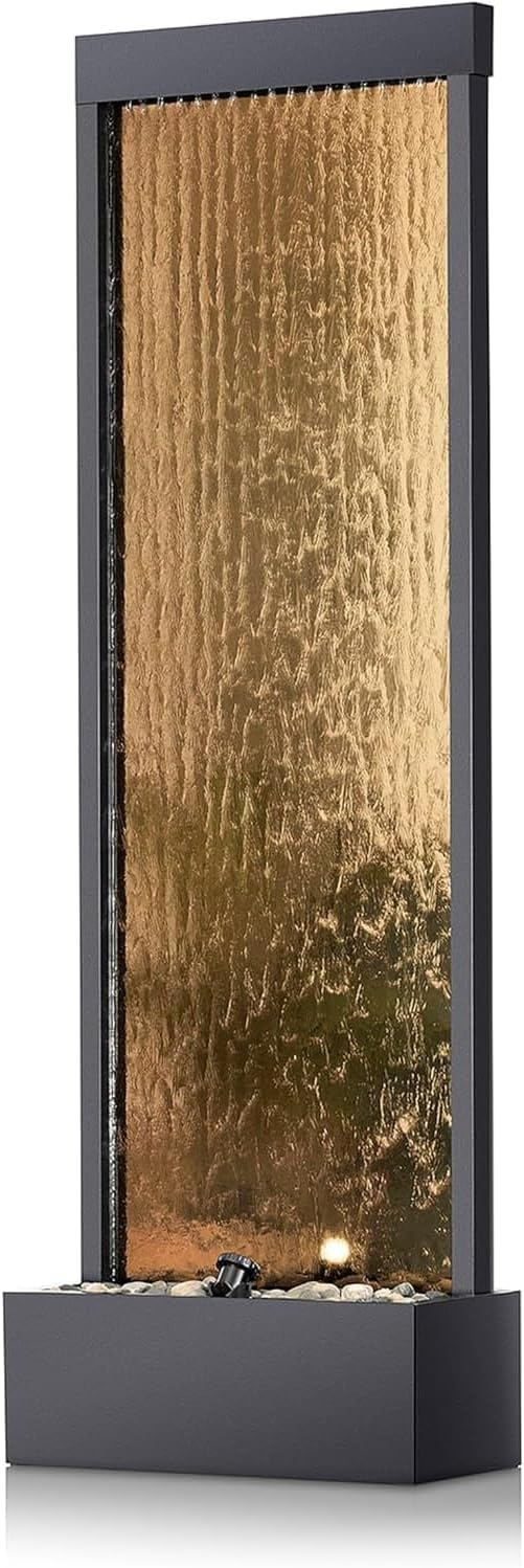 A mirror-floored waterfall fountain with stones and lights - suitable for offices, living rooms, terraces, entrances as a serene indoor/outdoor decoration - 48 inches (bronze color) L5943