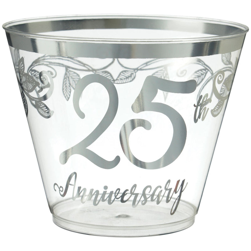 "25th Anniversary" Bordered Trimmed Plastic Reusable Tumbler Cups, Clear/Silver, 9-oz, 30-pk, for Anniversary Party Q8998