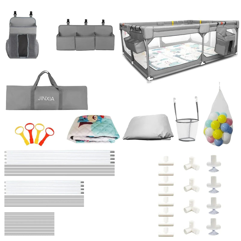 Baby Playpen with Mat 75"*59", Extra Large Playpen for Babies and Toddlers with Storage Bag, BPA-Free, Non-Toxic, Safe No Gaps Playards for Babies, Sturdy Safety Play Yard for Indoor Outdoor Fun, Grey S1141