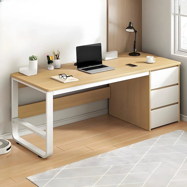 This stylish and modern office desk features an integrated cable management system, a wooden desktop, and a rectangular shape. It comes with three drawers and is ideal for both office and home use. Available in brown, it measures 63 inches in length H7492