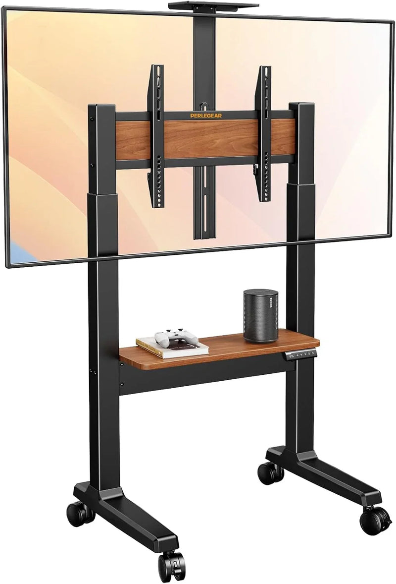Motorized Mobile TV Stand on Wheels for 37–86 Inch TVs up to 154 lbs, Electric Height Adjustable Rolling TV Stand, VESA 200x200–600x400mm, Wooden Shelf & Panel, PGTVMC26B I8053