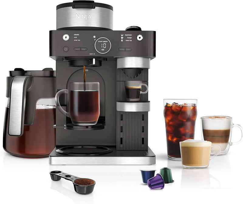 Italian espresso machine and coffee-making system, featuring three espresso brewing modes, supporting single-portion coffee and capsules, with a built-in frother, capable of making Italian espresso, cappuccino and latte. Black style. S9725