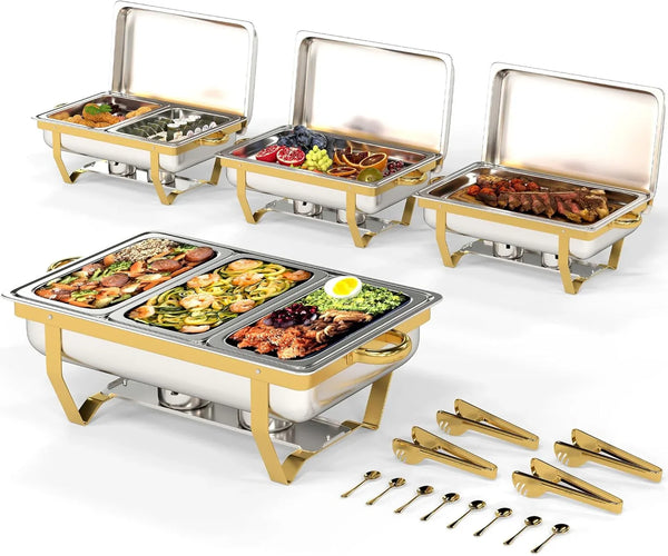 4 Pack Stainless Steel Chafing Dishes for Buffet, 9 QT Capacity 7 Pans Food Warmers for Parties, Weddings, Events Hosting, Family Gatherings, Full Set Catering Server with Serving Utensils Accessories A8651