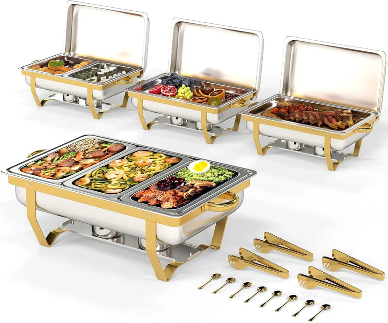 4 Pack Stainless Steel Chafing Dishes for Buffet, 9 QT Capacity 7 Pans Food Warmers for Parties, Weddings, Events Hosting, Family Gatherings, Full Set Catering Server with Serving Utensils Accessories A8651