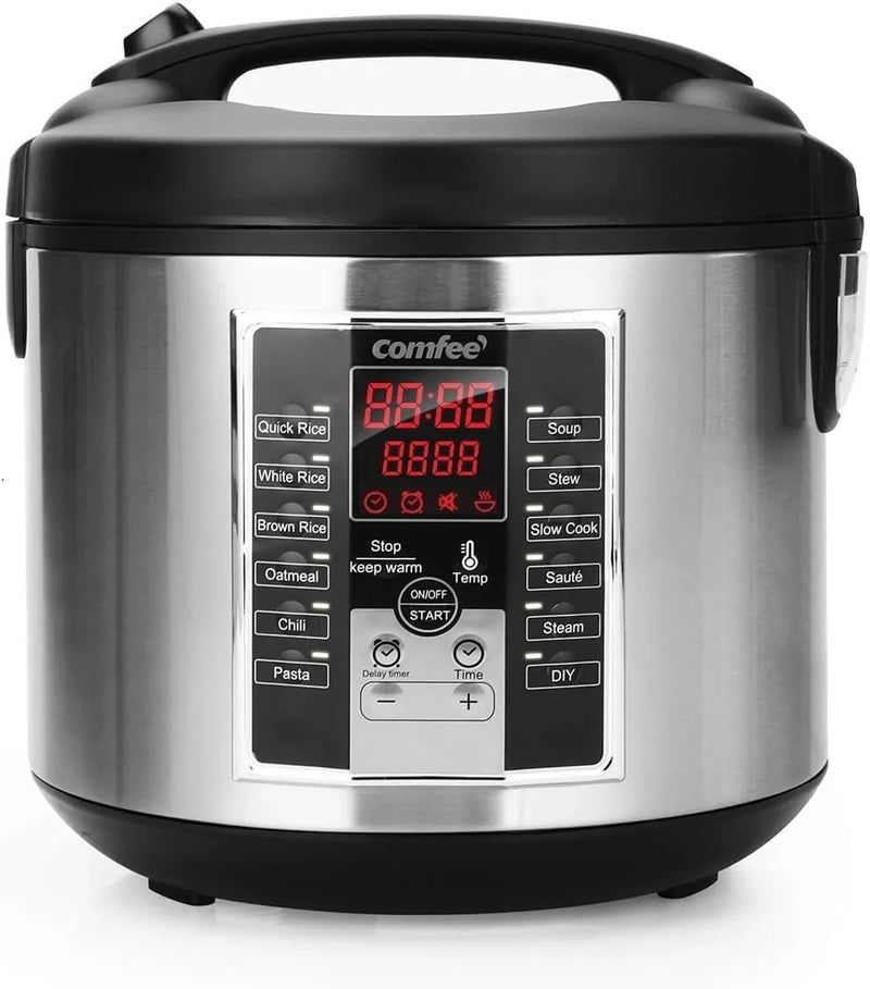 Compact electric rice cooker, 6-in-1 stainless steel multi-functional cooking utensil, slow cooker, steamer, frying pan, heater and warmer, 2-gallon capacity (8 cups cooked, 4 cups uncooked), suitable for brown rice, quinoa and oats, 6 P6902