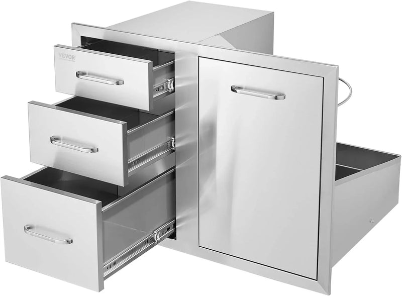 Pull Out Trash Drawer 13.4"W x 25.7"H x 19.6"D Lower Sliding Rails Stainless Steel Roll Out Trash Bin Pull Out Tray Outdoor Kitchen Trash Drawer with Handle for BBQ Island Grill Station O2364