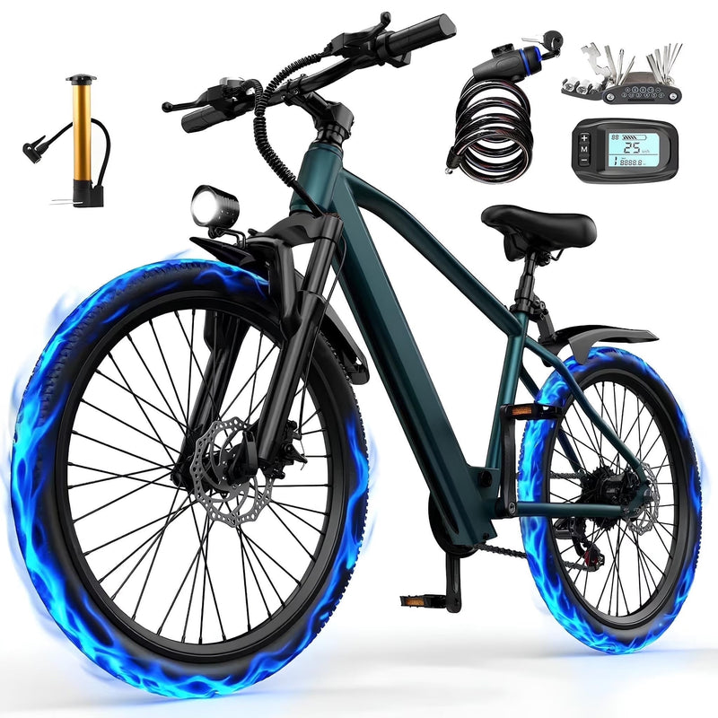 26 in Electric Bike for Adult,400W Motor,Top Speed 25MPH,40Miles Long Range,City Commuting E-bicycle With Front Fork Suspension, Dual Disc Brakes S6768