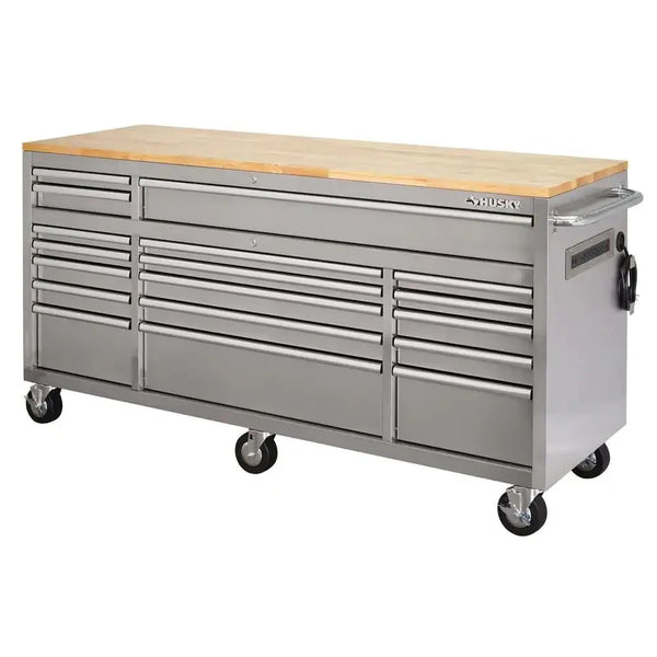 72 in 18-Drawer 24 in. D Mobile Workbench with Solid Wood Top Stainless Steel K2851