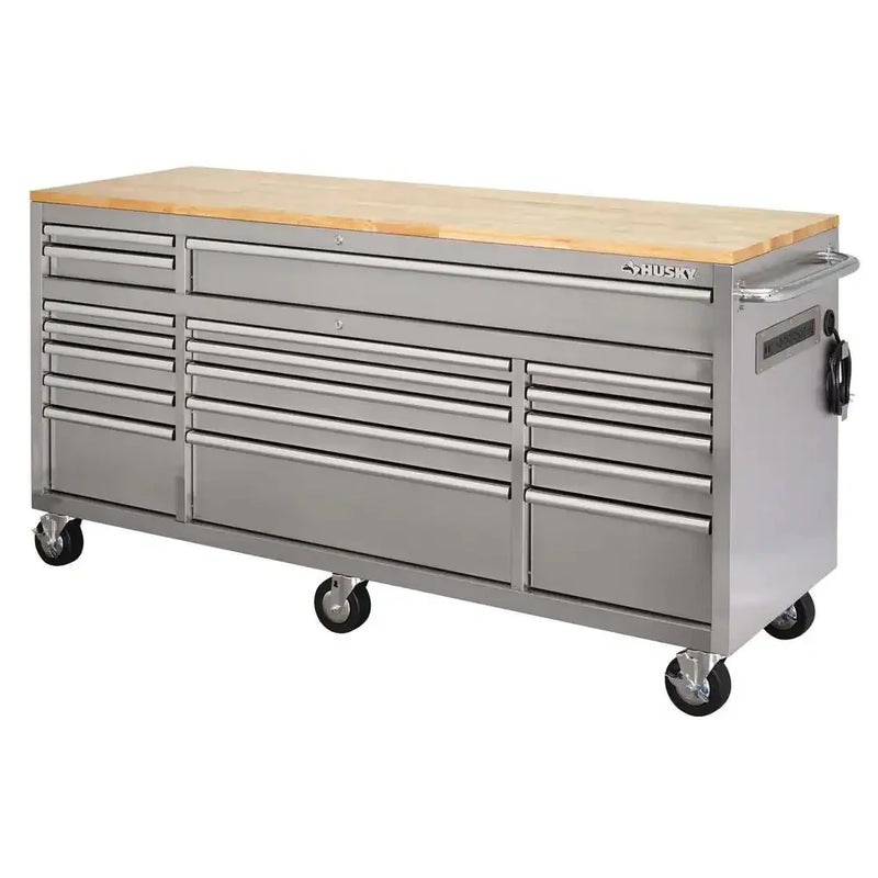 72 in 18-Drawer 24 in. D Mobile Workbench with Solid Wood Top Stainless Steel K2851