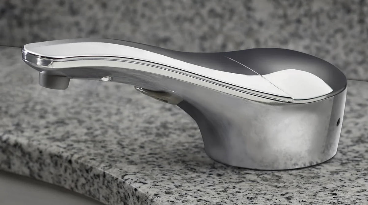 Automatic liquid soap dispenser, with a top-mounted contactless soap nozzle, capacity 34 ounces (1.0 liters), can be placed on the countertop of a public restroom, installation diameter 1-3/8 inches, chrome surface treatment.
