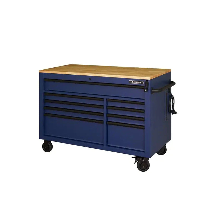 Heavy-Duty 52 in. 9-Drawer Mobile Workbench with Adjustable-Height Solid Wood Top in Matte Blue A5249