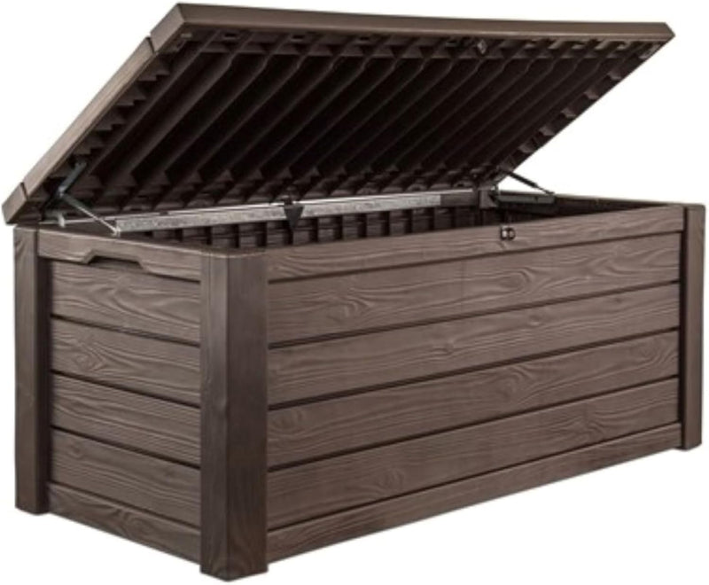 570-liter storage box, all-weather resin boat-shaped storage box, and stylish outdoor bench with piston-assisted lockable lid and side handles, dark coffee color version U3730