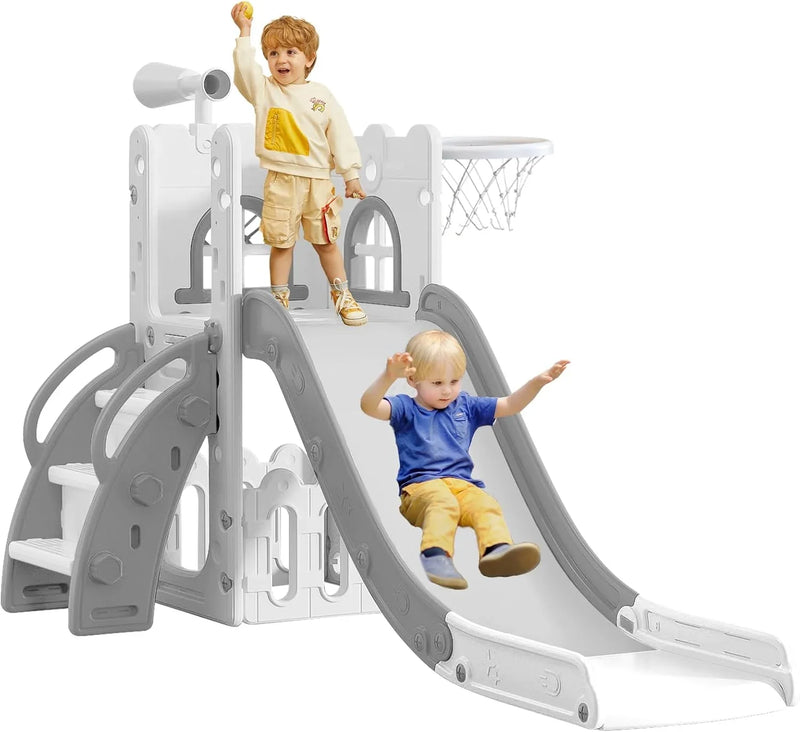 6 in 1 Toddler Slide for Toddler Age 1-3,Kids Climber Slider for Indoor Outdoor Playground with Basketball Hoop,Storage and Telescope,L Shaped Slide for Toddler Climber Playset P7022