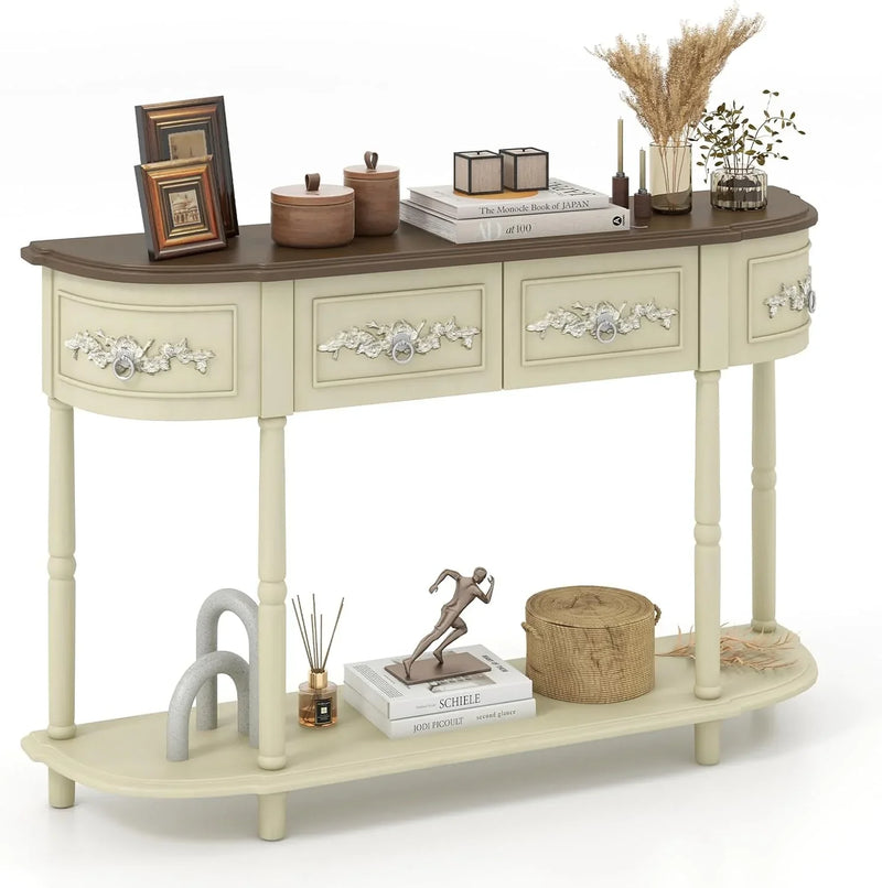 Retro game console table with drawer, 52-inch narrow sofa table with open shelves, table with storage function at the half-moon entrance, solid wood legs, entrance table for retro living room corridor, beige color scheme P4179
