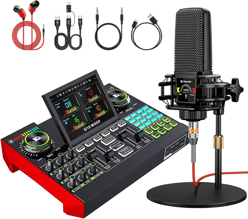 Podcast Equipment Bundle,with 3.5mm Condenser Microphone & Live Sound Card - Audio Mixer for Streaming, PC/Mobile Live Singing, Gaming Content Creators, Soundboard with USB Computer Interface T0342