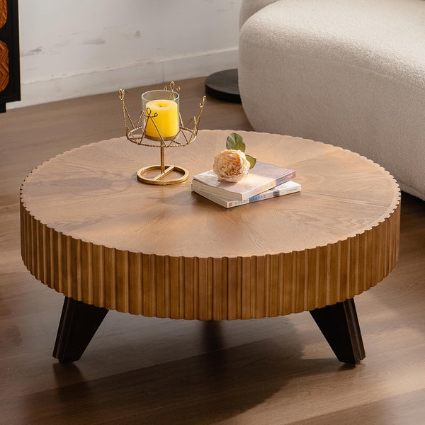 35" Contemporary Round Coffee Table, Coffee Tables Blending Traditional Decor, Solid Wood Center Table Room, Natural A2176
