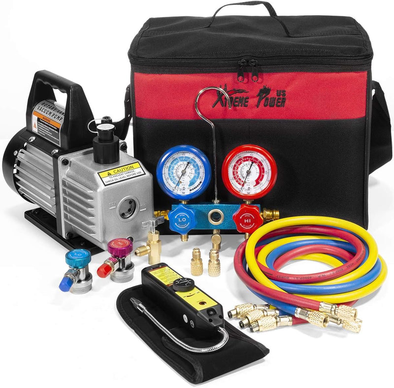 Premium 4CFM Air Vacuum Pump HVAC A/C Refrigeration Kit AC Manifold Gauge Case Set R134a Tap w/Leak Detector and Carrying Tote Bag Q5038