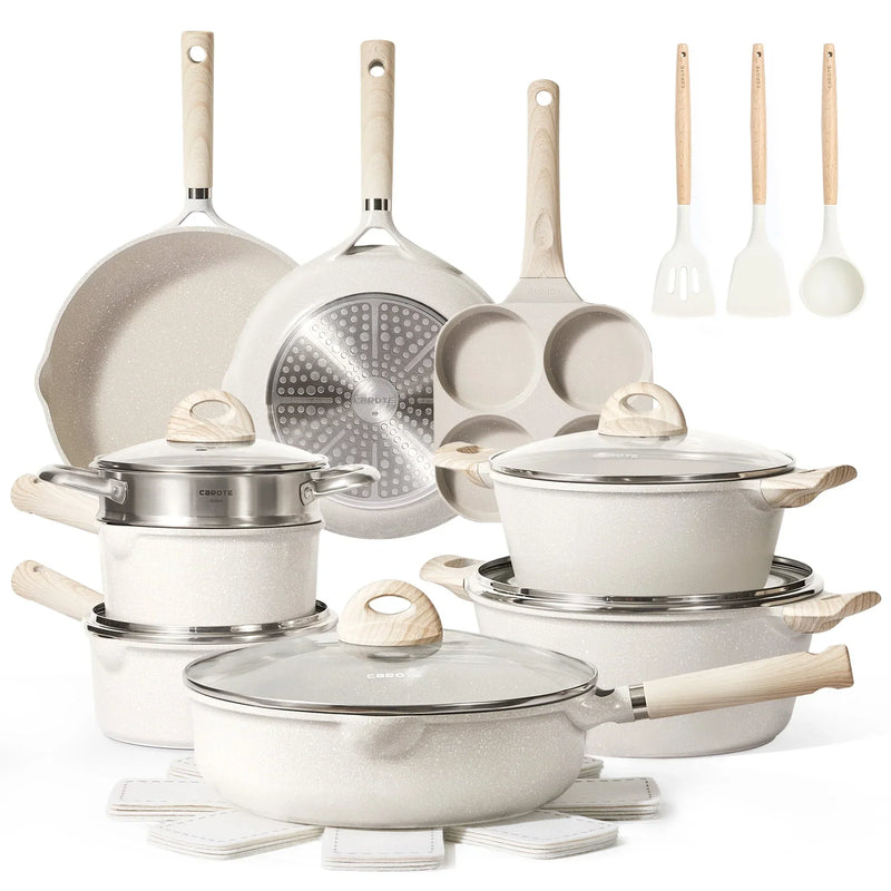 Carote Non Stick Pots and Pans Set, 21 Pcs Induction Kitchen Cookware Sets (Beige Granite) M6580