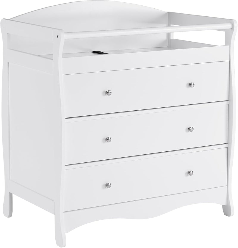 Changing Table Dresser Baby Diaper Changing Station Infant Nursing Table with 3 Drawers, Safety Rail & Strap for Bedroom, Nursery, White K8794