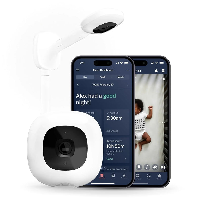 Smart baby monitor and wall-mounted device - 1080p security Wi-Fi video camera, sensor-free sleep and breathing motion tracker, two-way audio, sound and motion alerts, night vision function, breathing band - white M5638