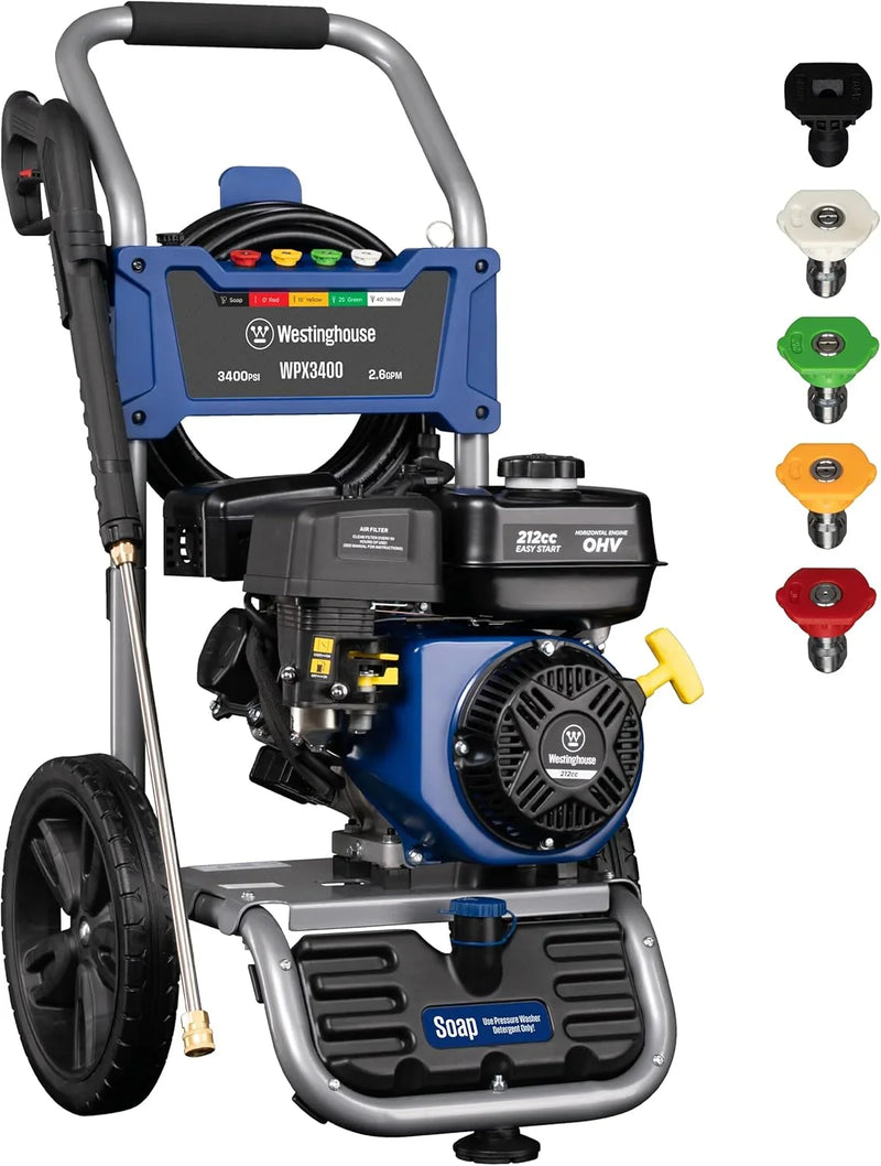WPX3400 Gas Pressure Washer, 3400 PSI and 2.6 Max GPM, Onboard Soap Tank, Spray Gun and Wand, 5 Nozzle Set, for Cars/Fences/Driveways/Homes/Patios/Furniture Y3445