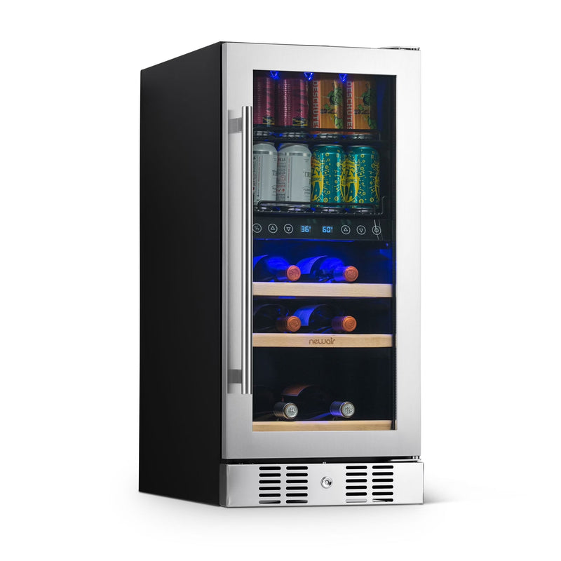 Newair 15 Dual Zone Beverage Cooler with Removable Beech Wood Shelves, Stainless Steel L8559