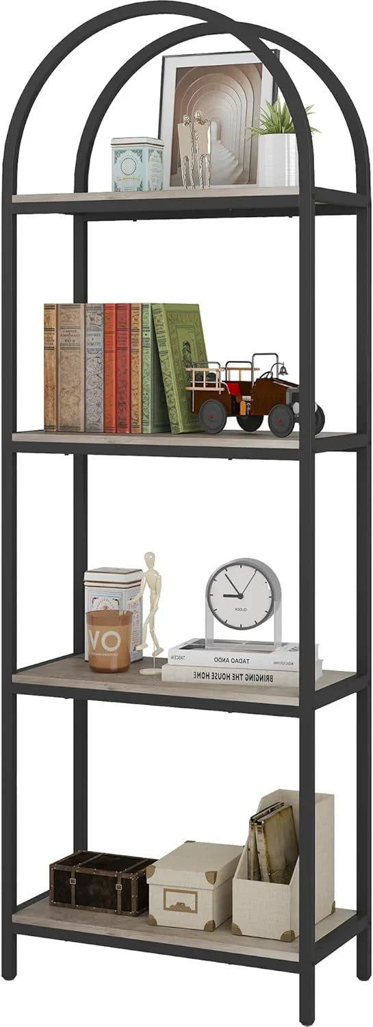 Yusong Bookshelf Rattan Arched Bookcase, 74" Tall Industrial Open Book Shelves Room, Modern Freestanding Boho 5 Tier Display Storage Rack with Metal Frame, Office, Bedroom, Burlywood Q0126